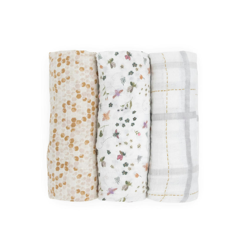 Cotton Muslin Swaddle Blanket 3 Pack - Garden Bees