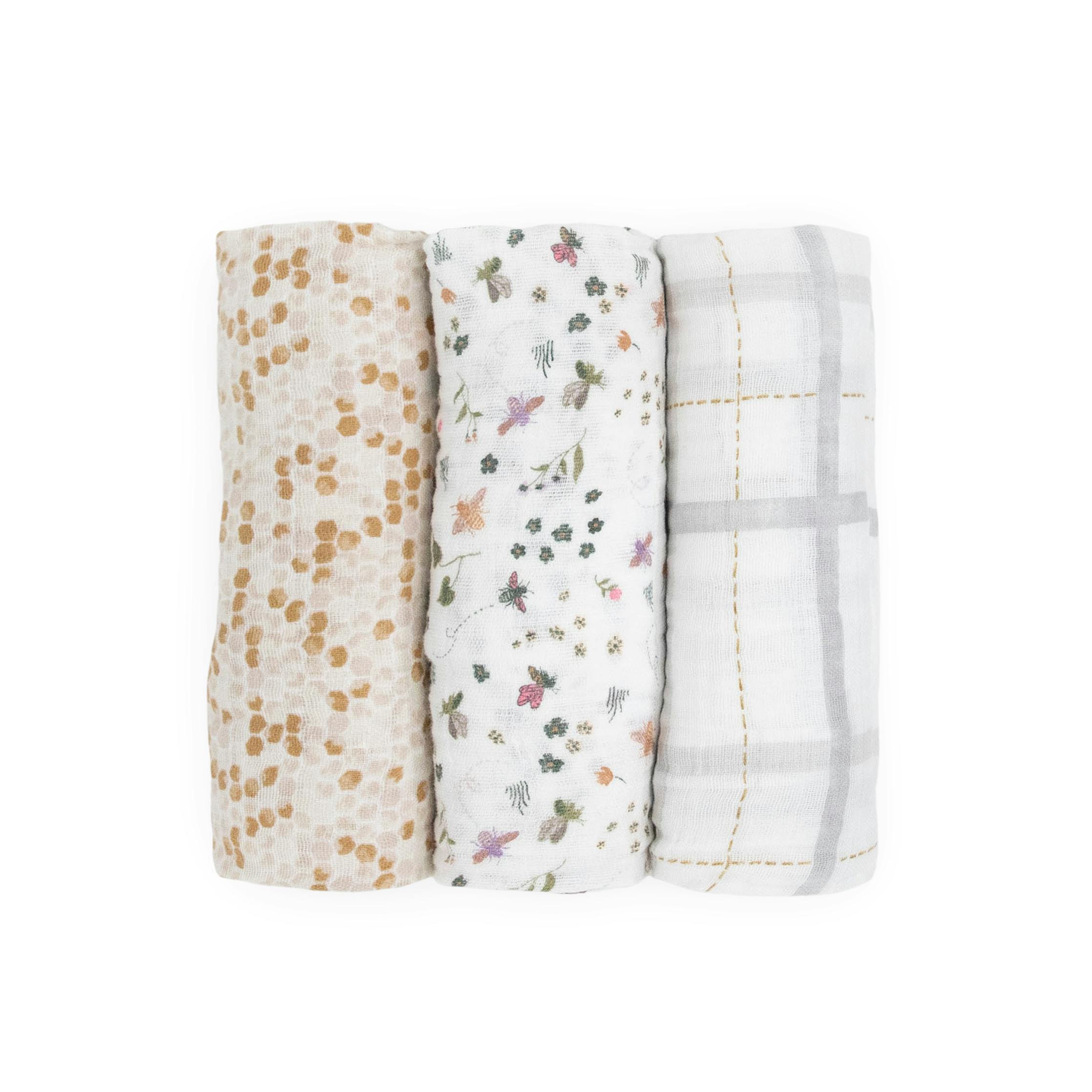 Cotton Muslin Swaddle Blanket 3 Pack - Garden Bees