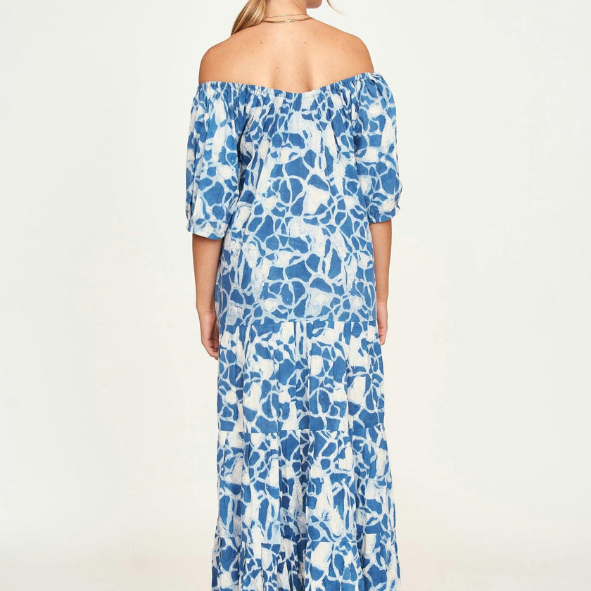 Women's Capri Elastic Bubble Sleeve Tiered Maxi Dress, Blue