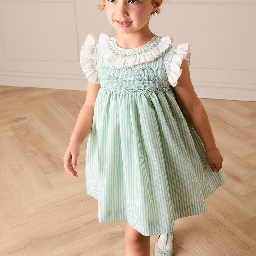 Wimbledon Stripe Hand Smocked Frill Collar Cap Sleeve Dress in Green (12mths- 10yrs)