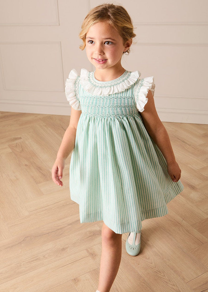 Wimbledon Stripe Hand Smocked Frill Collar Cap Sleeve Dress in Green (12mths- 10yrs)