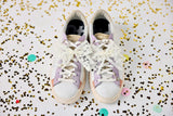 Packed Party Lace Bows and Gold Charms Shoe Charm Set 5pc - Lace Bow, Gold Star, Heart Charm, and Beaded Flower with Lobster Clips for Sneakers, 2.75x3.3 Inch