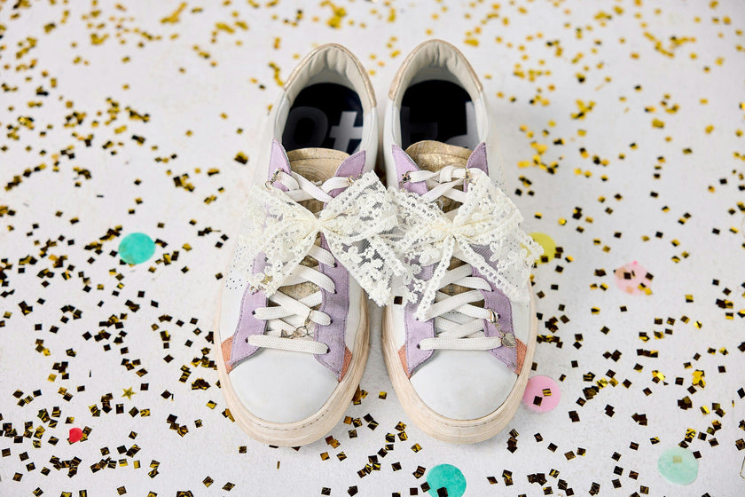 Packed Party Lace Bows and Gold Charms Shoe Charm Set 5pc - Lace Bow, Gold Star, Heart Charm, and Beaded Flower with Lobster Clips for Sneakers, 2.75x3.3 Inch