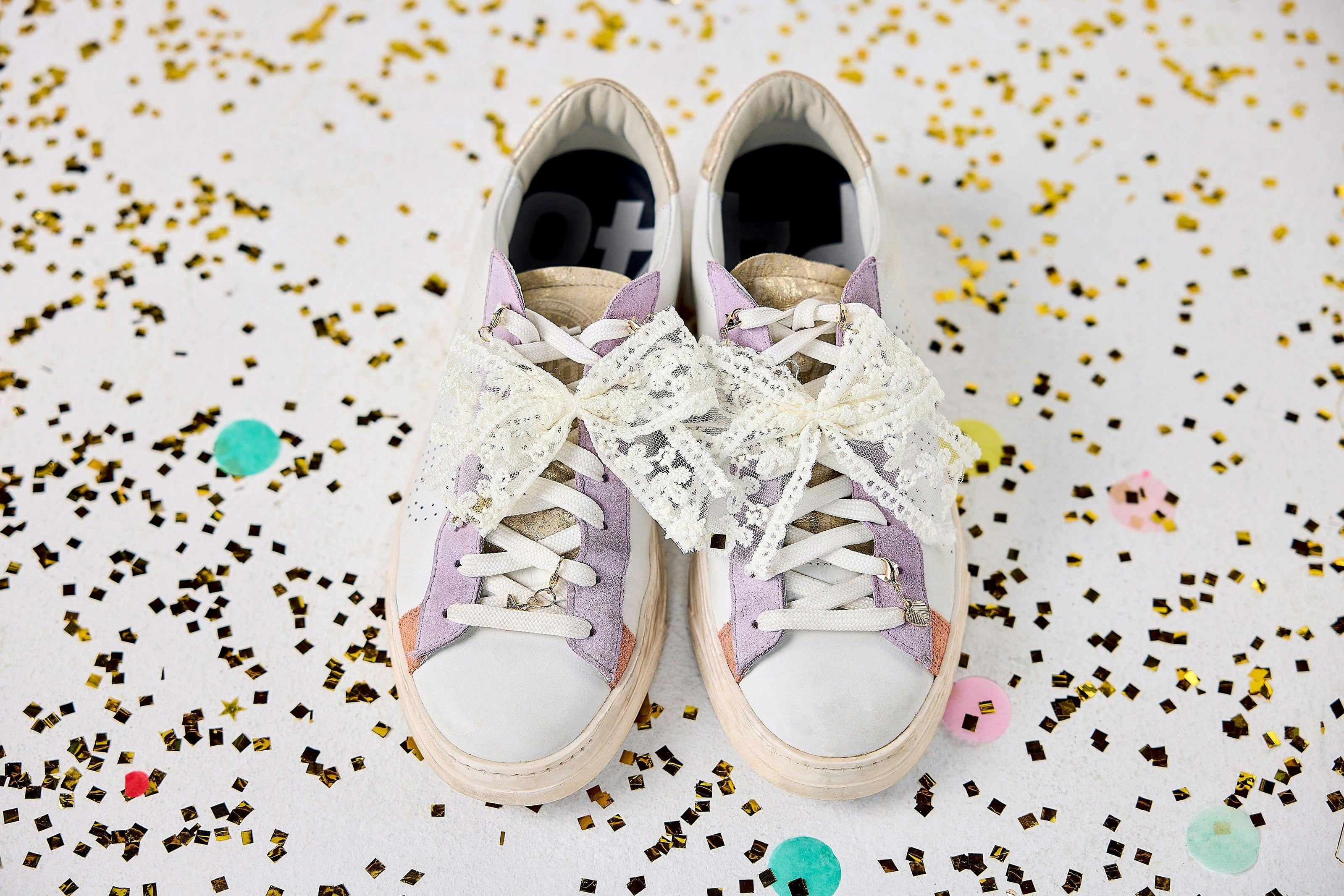 Packed Party Lace Bows and Gold Charms Shoe Charm Set 5pc - Lace Bow, Gold Star, Heart Charm, and Beaded Flower with Lobster Clips for Sneakers, 2.75x3.3 Inch