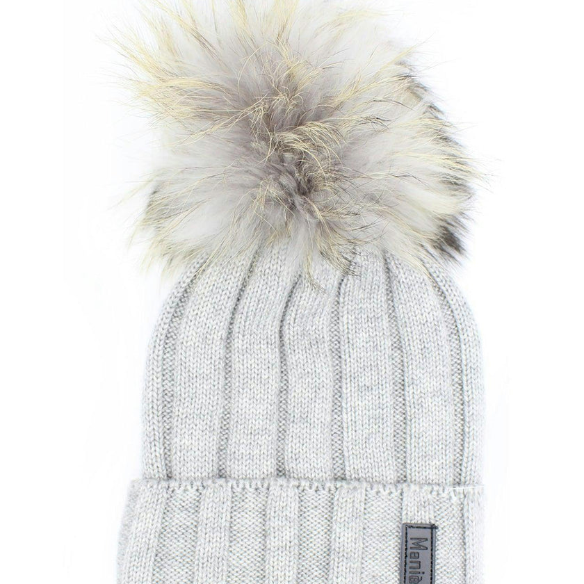 Ribbed Merino Wool Faux Fur Pom Pom Hat