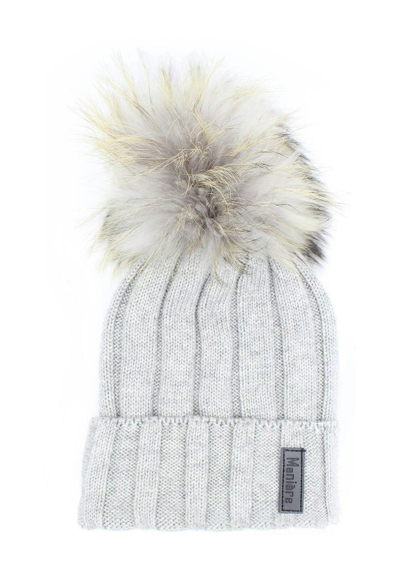 Ribbed Merino Wool Faux Fur Pom Pom Hat
