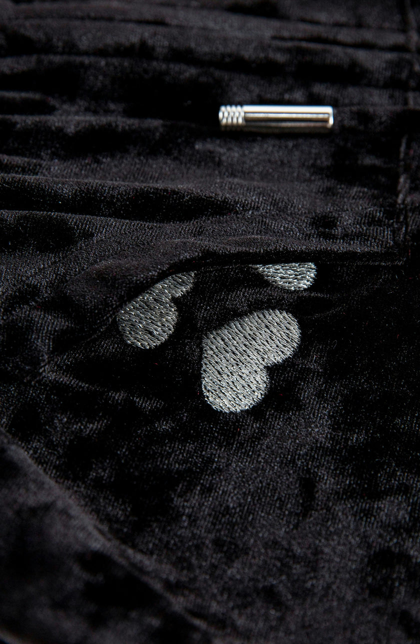 Velvet Zip Hoodie with Embroidered Hearts, Black