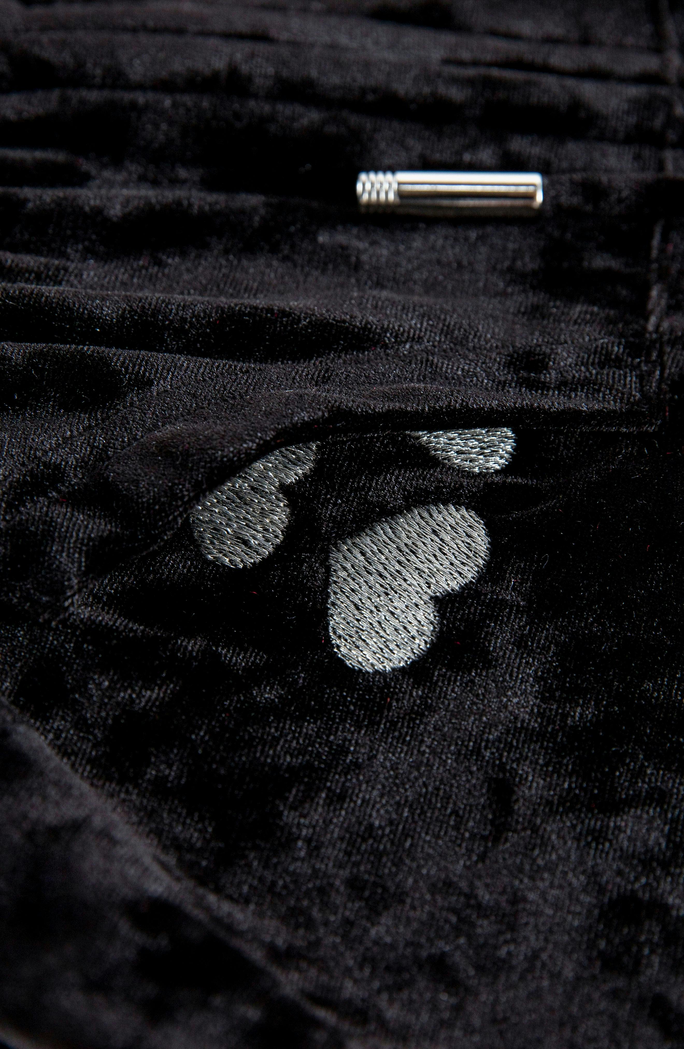 Velvet Zip Hoodie with Embroidered Hearts, Black