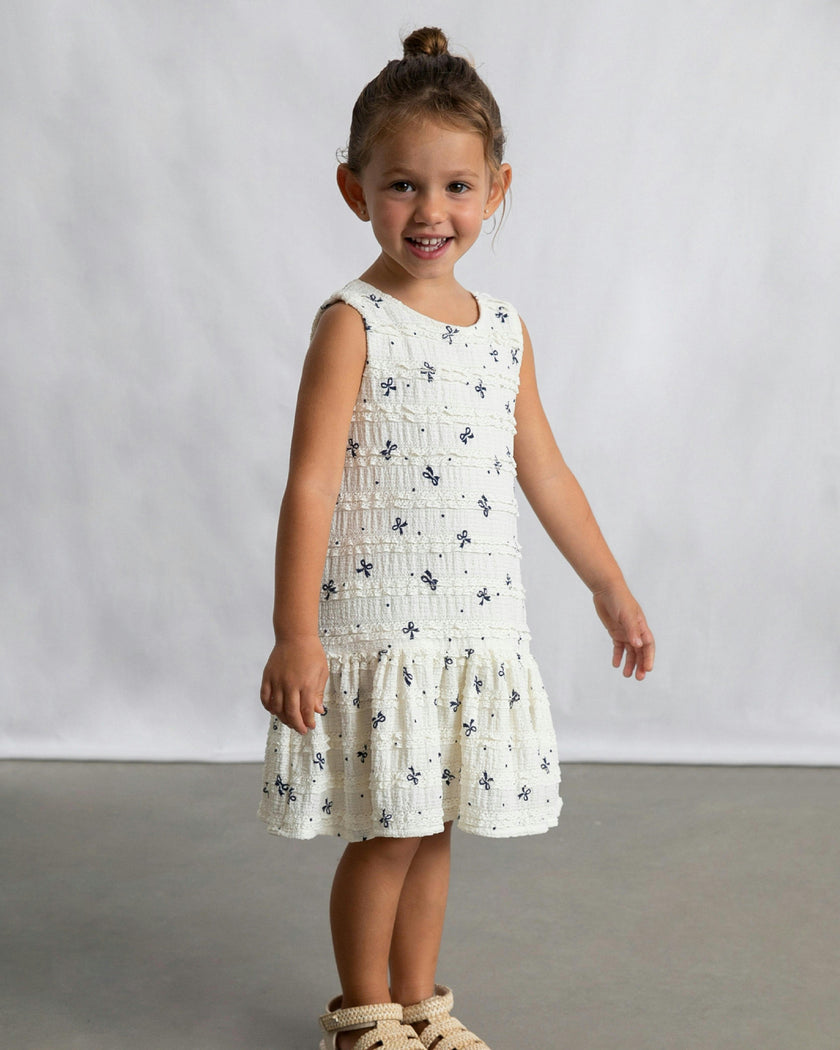 White Bow-Pattern Drop-Waist Dress