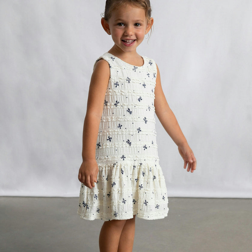 White Bow-Pattern Drop-Waist Dress