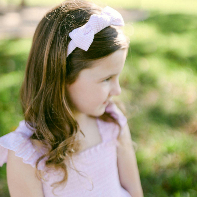 Seersucker Bow Headband in Pink/White