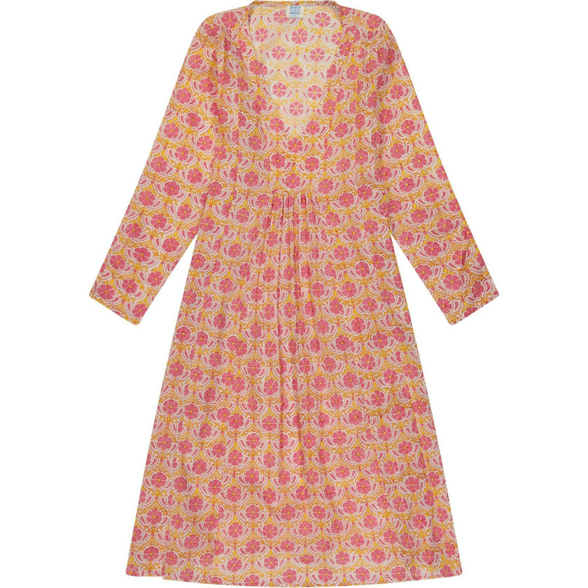 Women's Poppy Block Print V-Neck Fit-N-Flare Long Sleeve Caftan  Dress, Pink