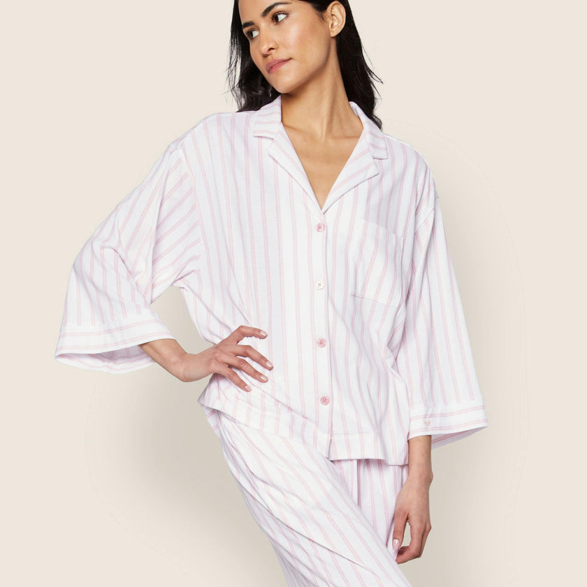 The Olivia Wide Leg Pima Pajama Set in Pink Stripe