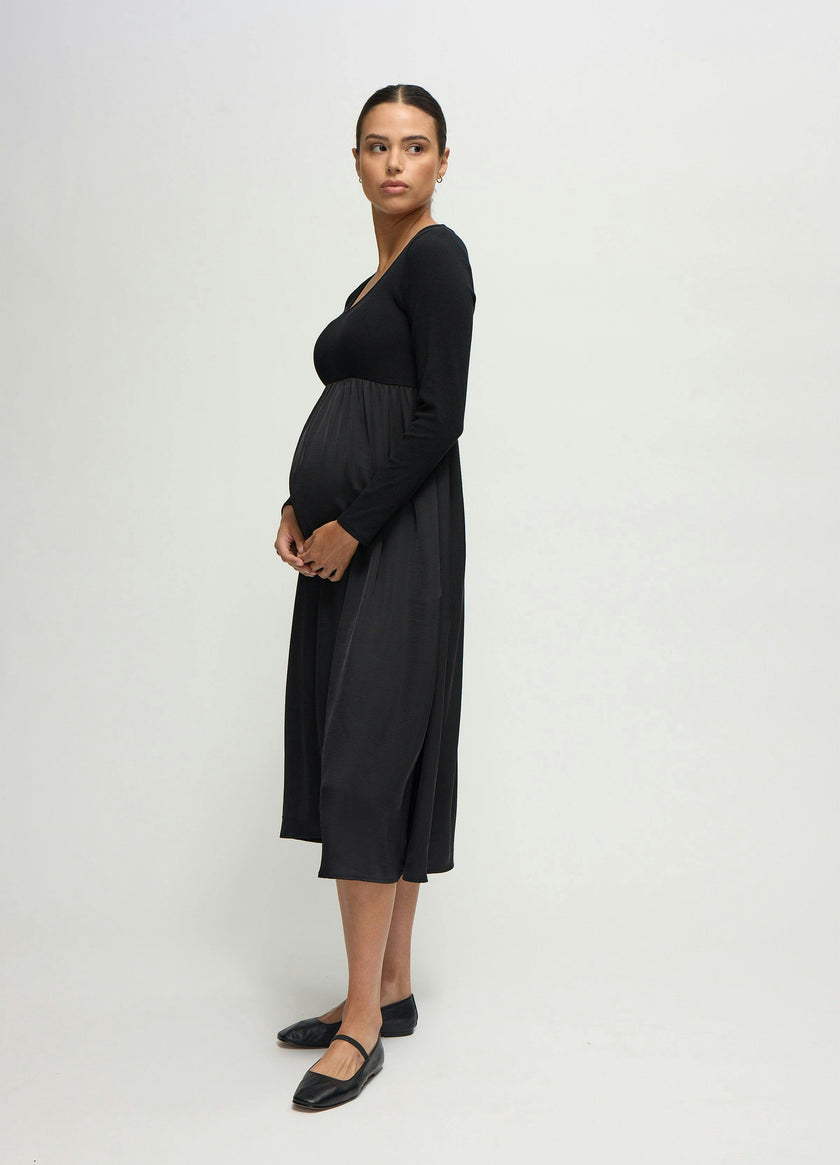 Long Sleeve Knit to Woven Maternity Nursing Midi Dress