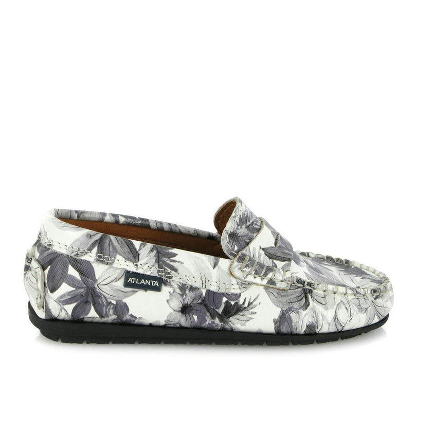 Penny 032 Walker Moccasins, Grey Flowers Printed Leather