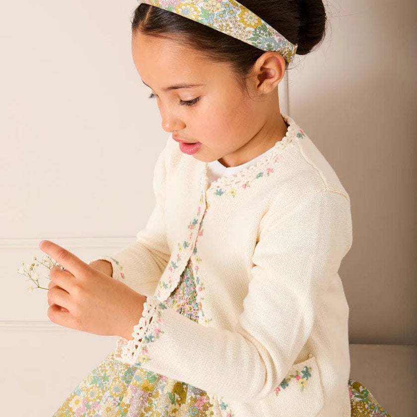 Wildflower Embroidered Openwork Detail Cotton Cardigan in Cream (18mths- 10yrs)