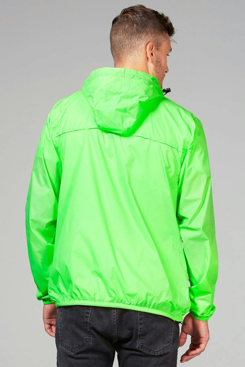 Green fluo full zip packable rain jacket and windbreaker