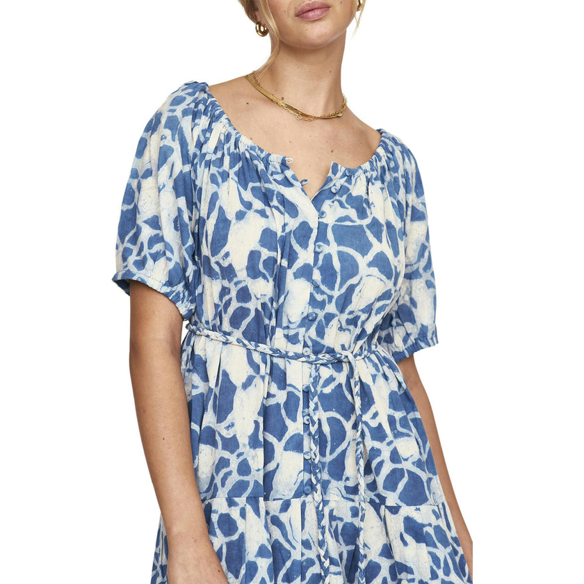 Women's Capri Elastic Bubble Sleeve Tiered Maxi Dress, Blue