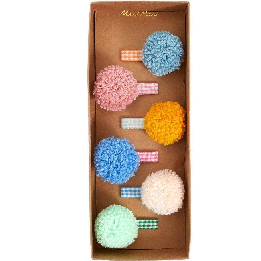 Gingham & Big Pompom Hair Clips
