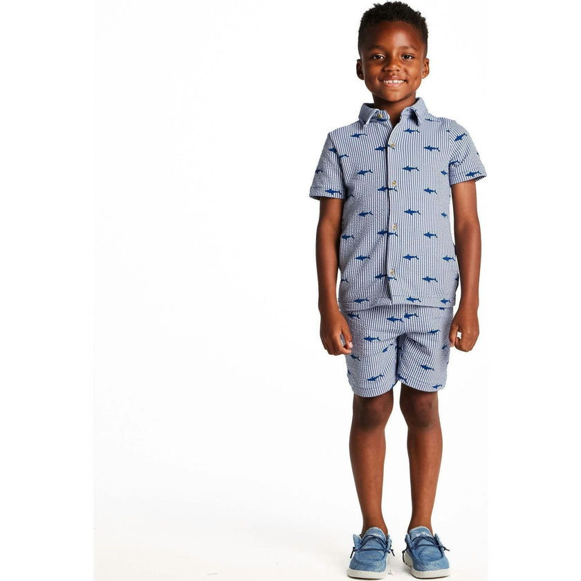 Boys Short Sleeve Cabana Set | Navy Stripe Shark