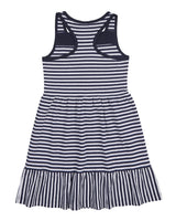 Navy Stripe Knit Dress With Shirred Skirt