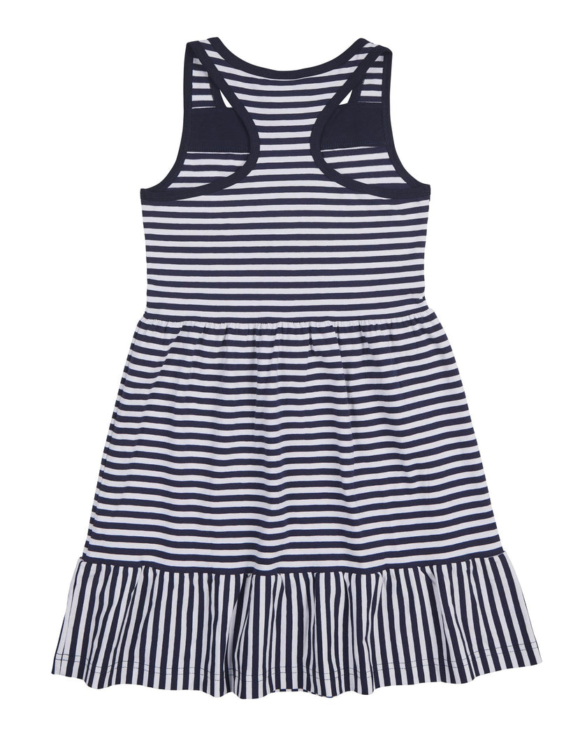 Navy Stripe Knit Dress With Shirred Skirt