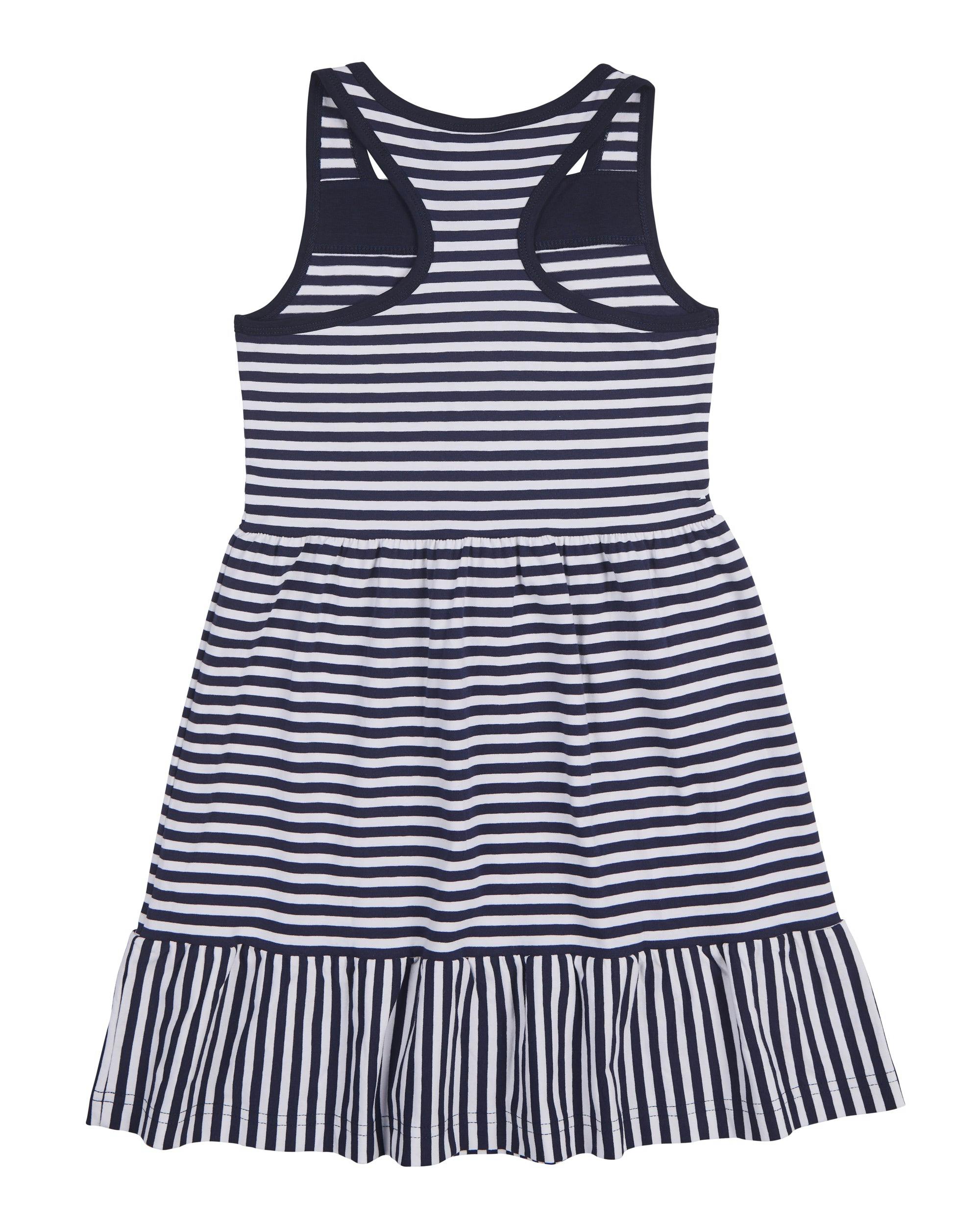 Navy Stripe Knit Dress With Shirred Skirt