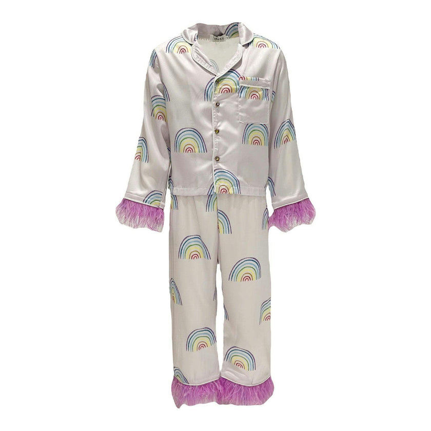 Rainbow Feather Trims Silk Pajama Set