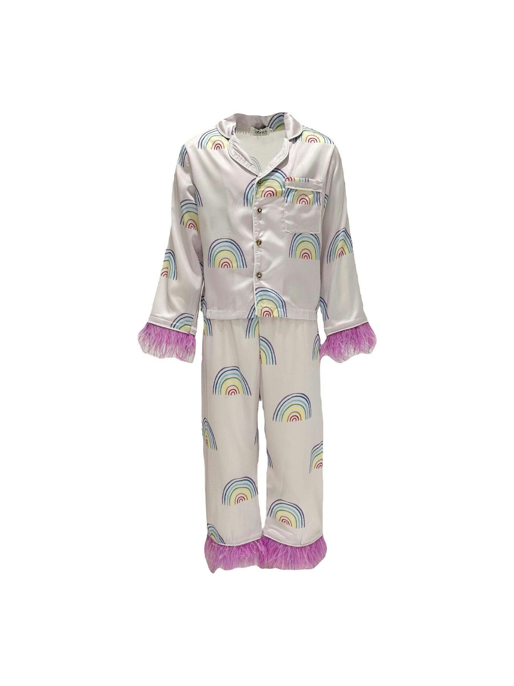 Rainbow Feather Trims Silk Pajama Set