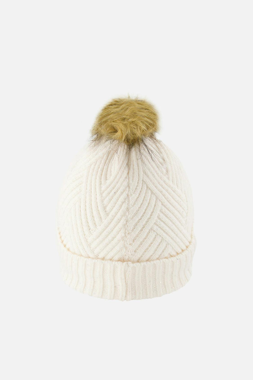Winter Knit Hat with Pompom Off-White
