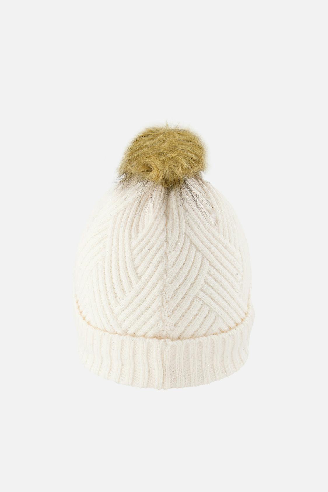 Winter Knit Hat with Pompom Off-White