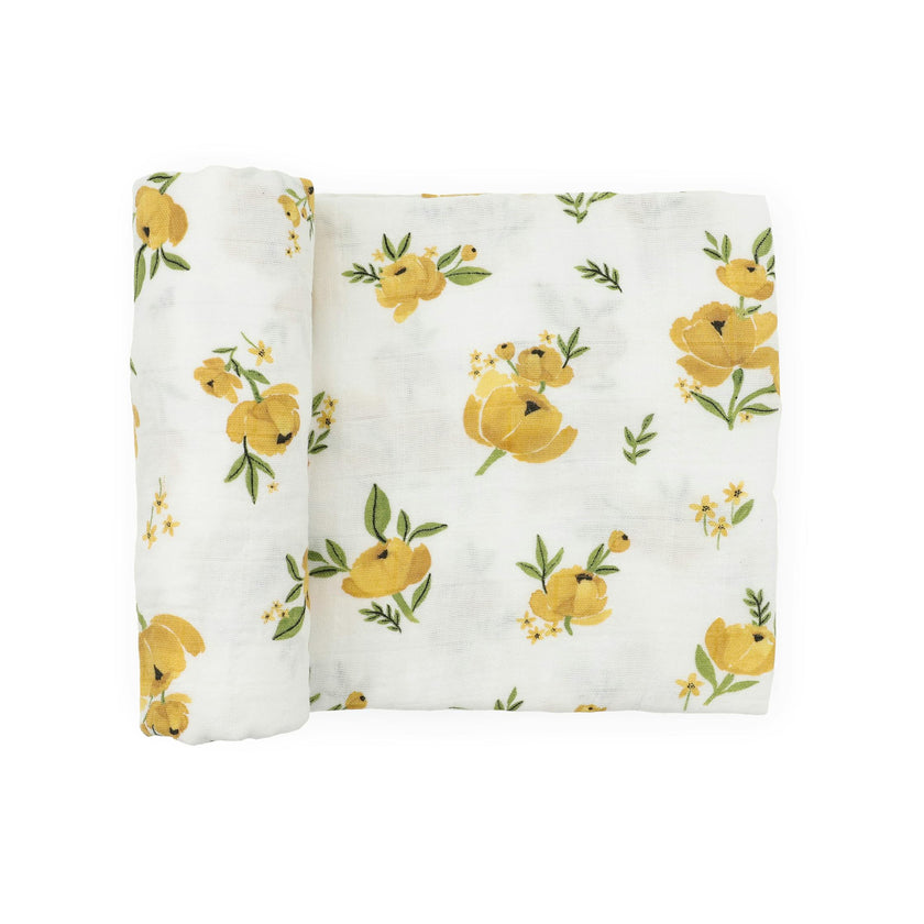 Organic Cotton Muslin Swaddle Blanket - Yellow Roses
