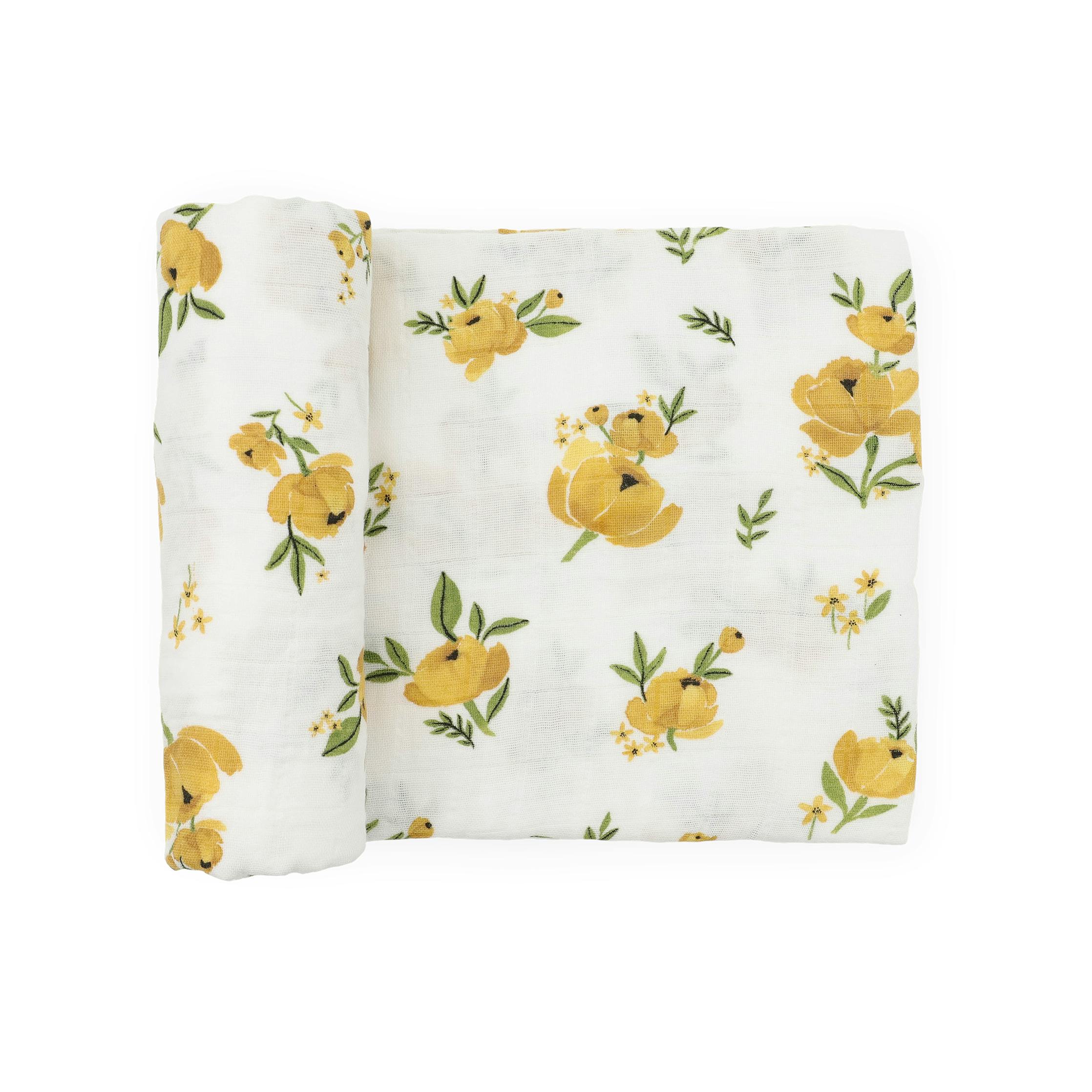 Organic Cotton Muslin Swaddle Blanket - Yellow Roses