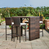 5 Piece Outdoor Bar Height Dining Set With Slat Acacia Wood Tabletop And Woven Weather Resistant Rattan With 4 Bar Stool Chairs And Cushions