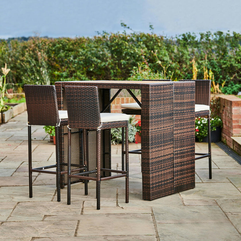 5 Piece Outdoor Bar Height Dining Set With Slat Acacia Wood Tabletop And Woven Weather Resistant Rattan With 4 Bar Stool Chairs And Cushions