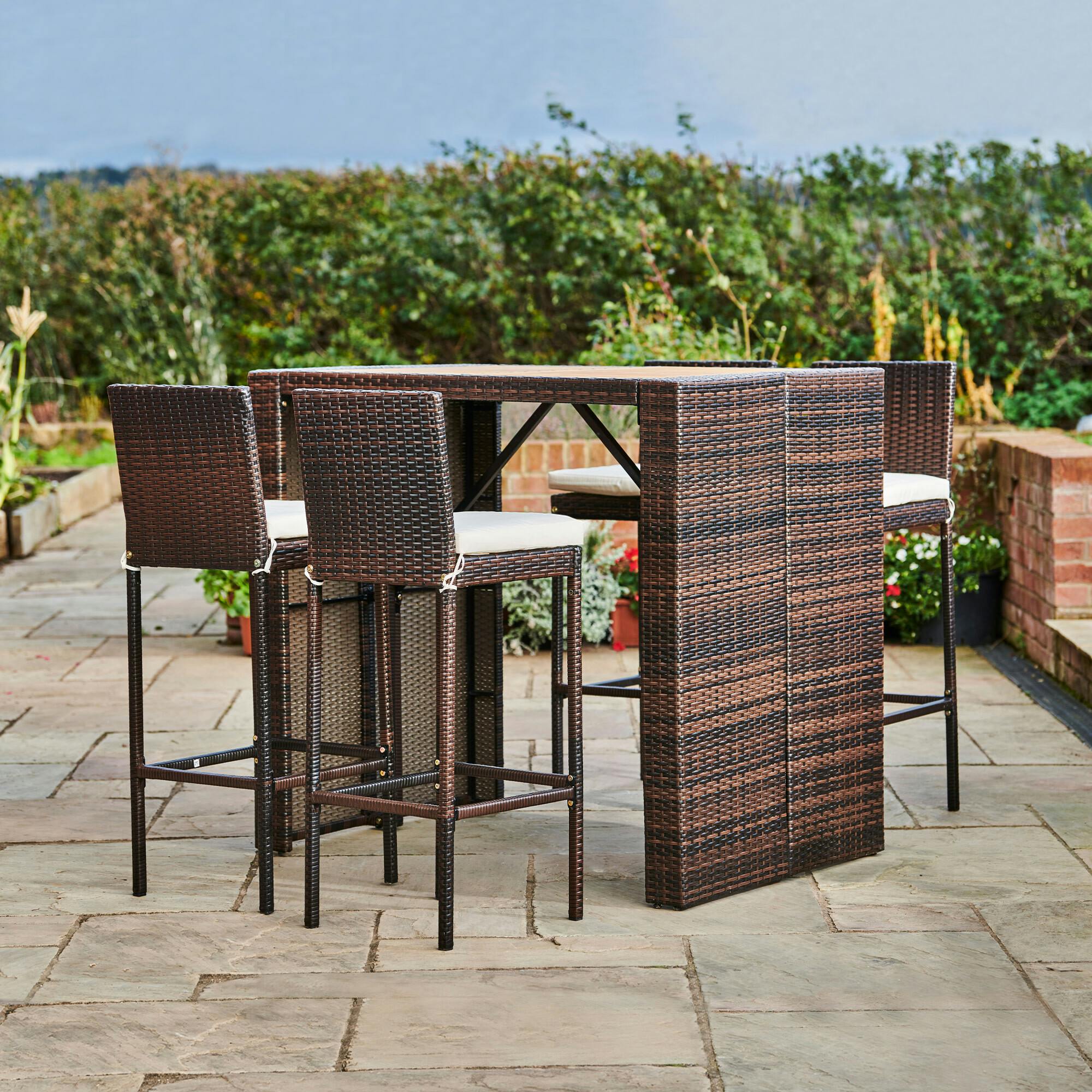 5 Piece Outdoor Bar Height Dining Set With Slat Acacia Wood Tabletop And Woven Weather Resistant Rattan With 4 Bar Stool Chairs And Cushions