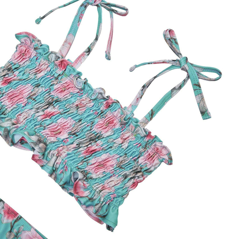 Girls Ruched Bikini Set – Adjustable Straps & High-Waisted Bottoms (Meadowlight)