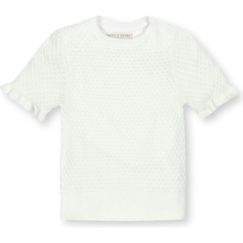 Organic Short Sleeve Ruffle Edge Sweater Knit Top, White