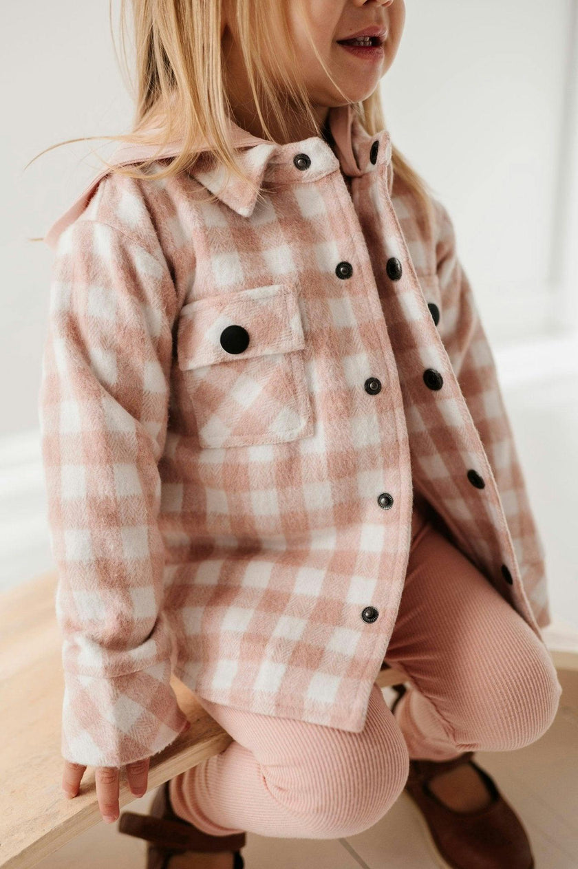 Girls Hooded Shacket in Misty Rose Plaid