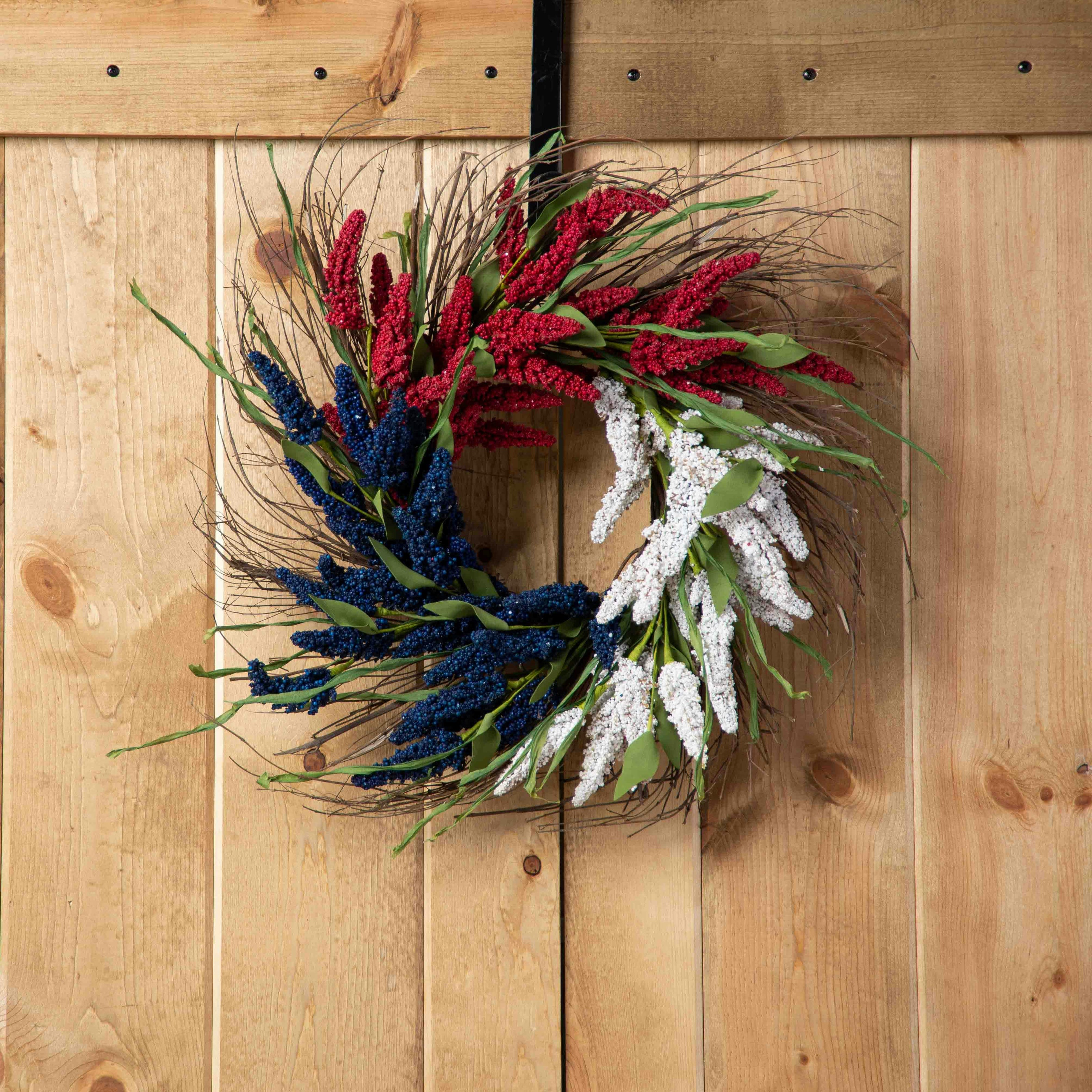 Faux Americana Astilbe Summer Front Door Wreath in Red, White & Blue on Wispy Natural Wreath Base