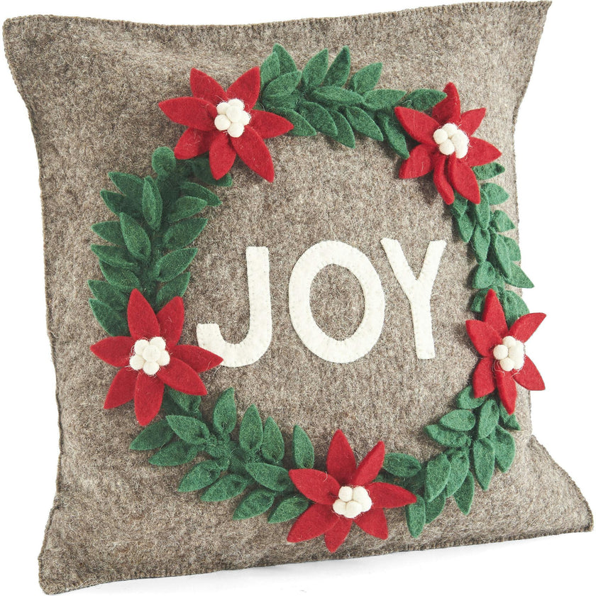 Hand Felted Wool Christmas Pillow - JOY Wreath Natural Gray - 20"