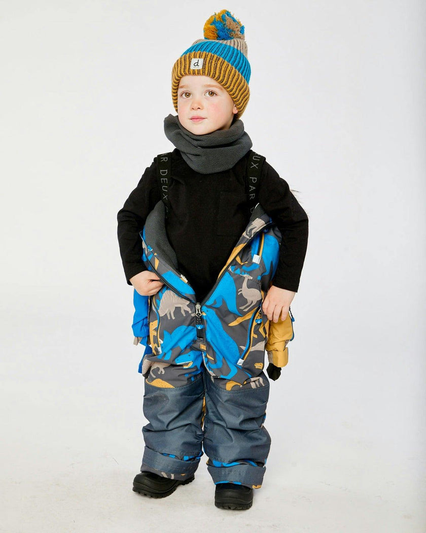 Kids One Piece Play Snowsuit Grey And Blue Dinosaur Print