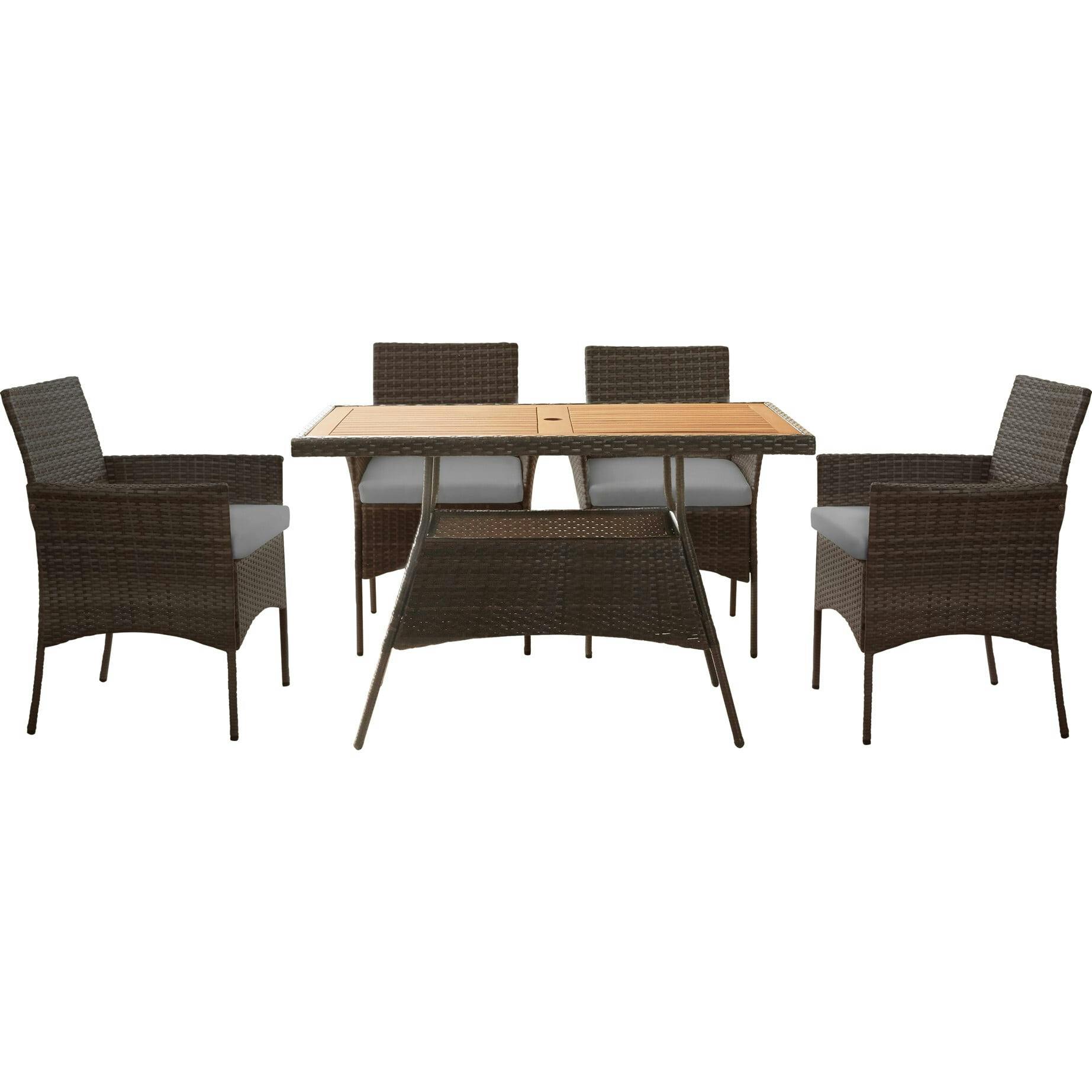Outdoor 5-Piece Rattan and Acacia Wood Patio Dining Set with Four Chairs