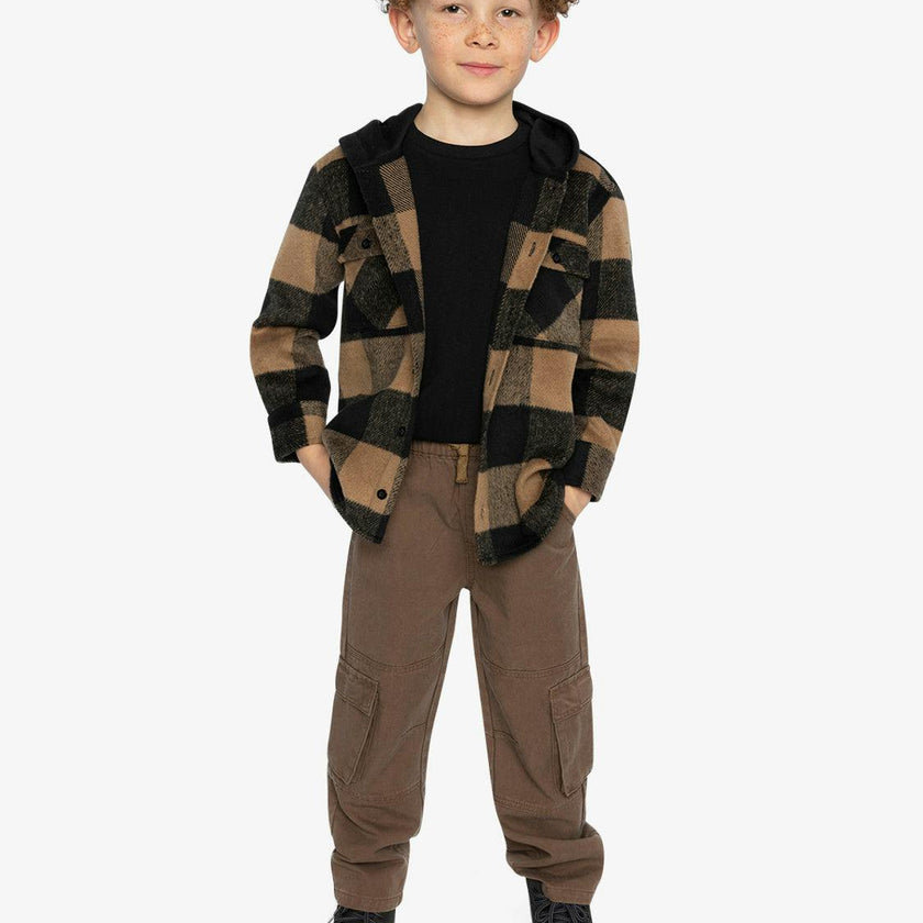 Flannel Shirt with Fleece Hood Brown and Black Plaid