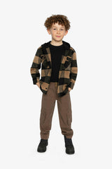 Flannel Shirt with Fleece Hood Brown and Black Plaid