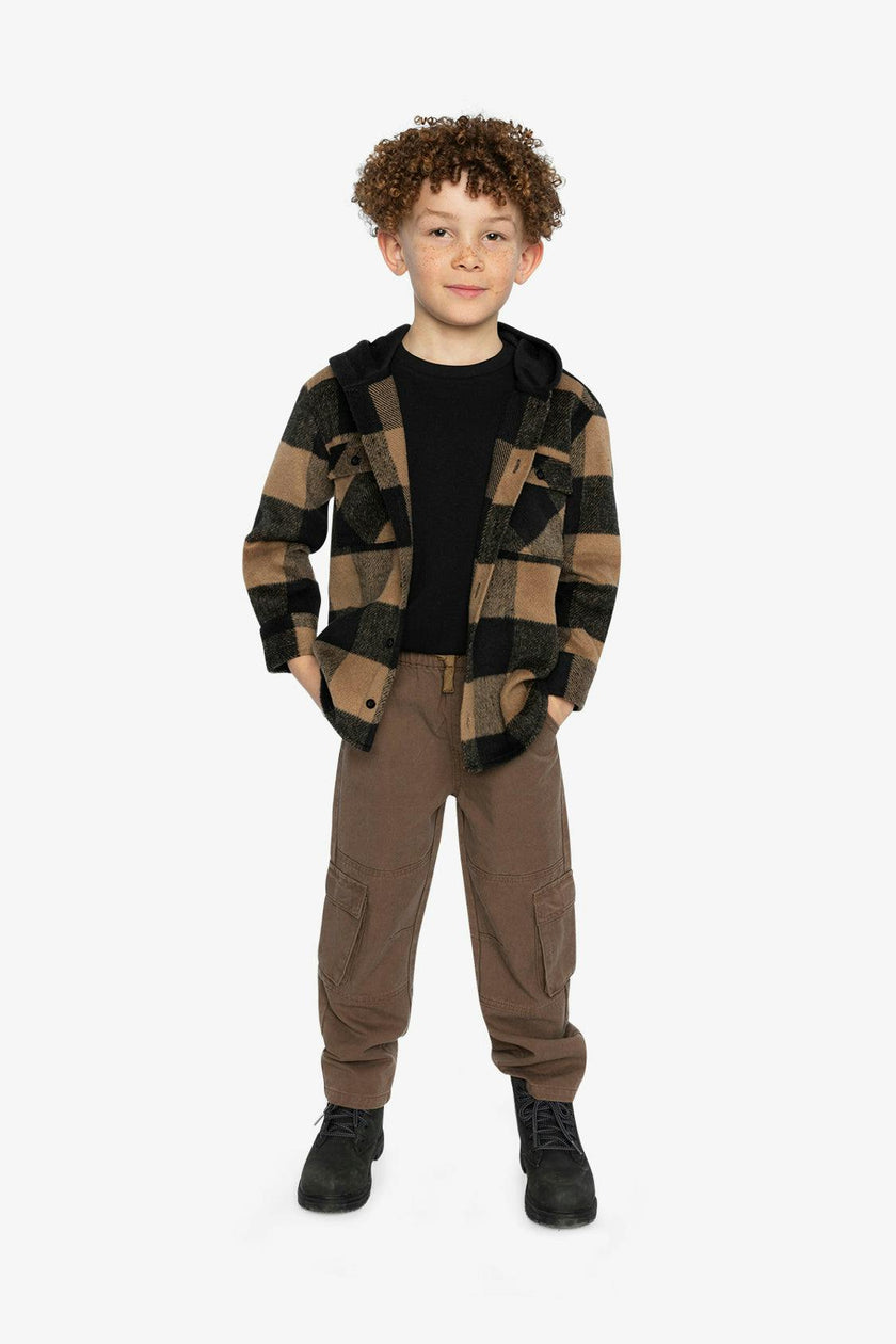 Flannel Shirt with Fleece Hood Brown and Black Plaid