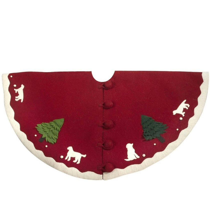 Hand Felted Wool Dogs and Trees Red Christmas Tree Skirt 60"