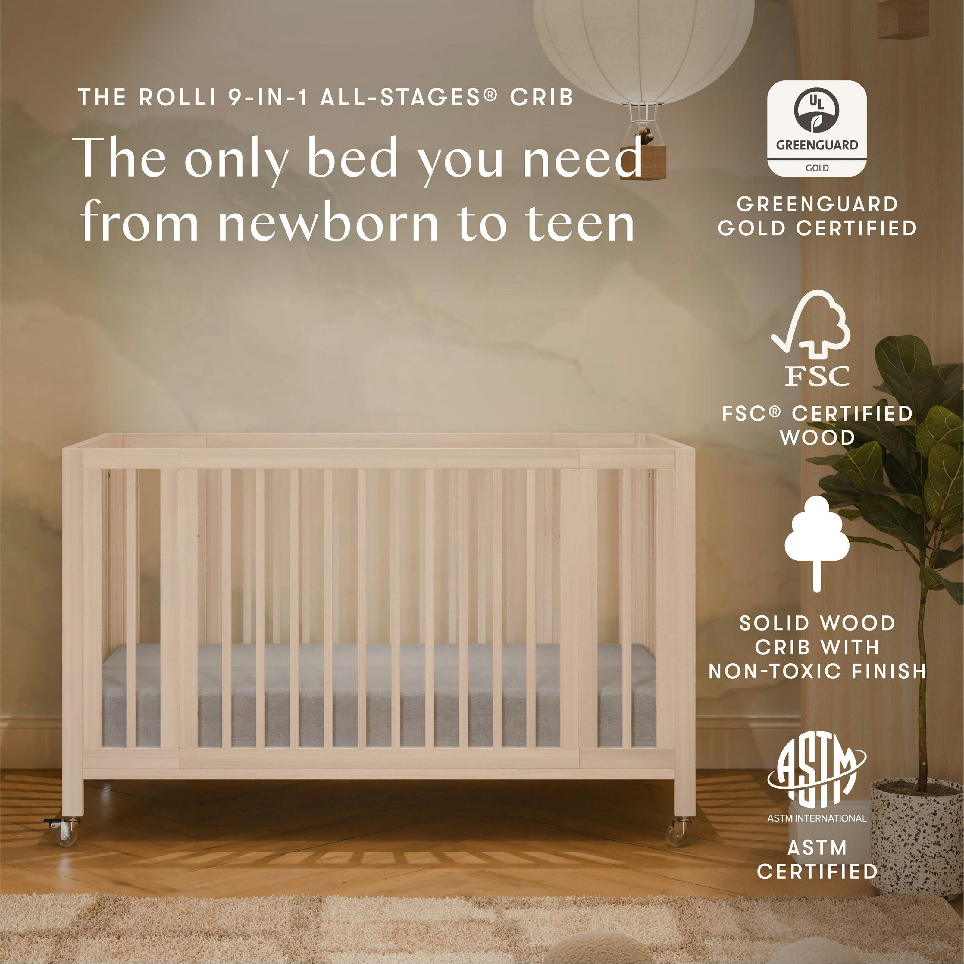 Babyletto Rolli 9-in-1 Convertible All-Stages® Crib with Bassinet & Toddler Bed Conversion Kits