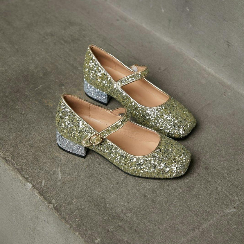 Agnese 2-Color Glitter Buckle Strap Mary Jane Shoes
