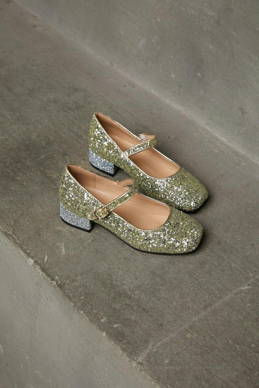 Agnese 2-Color Glitter Buckle Strap Mary Jane Shoes